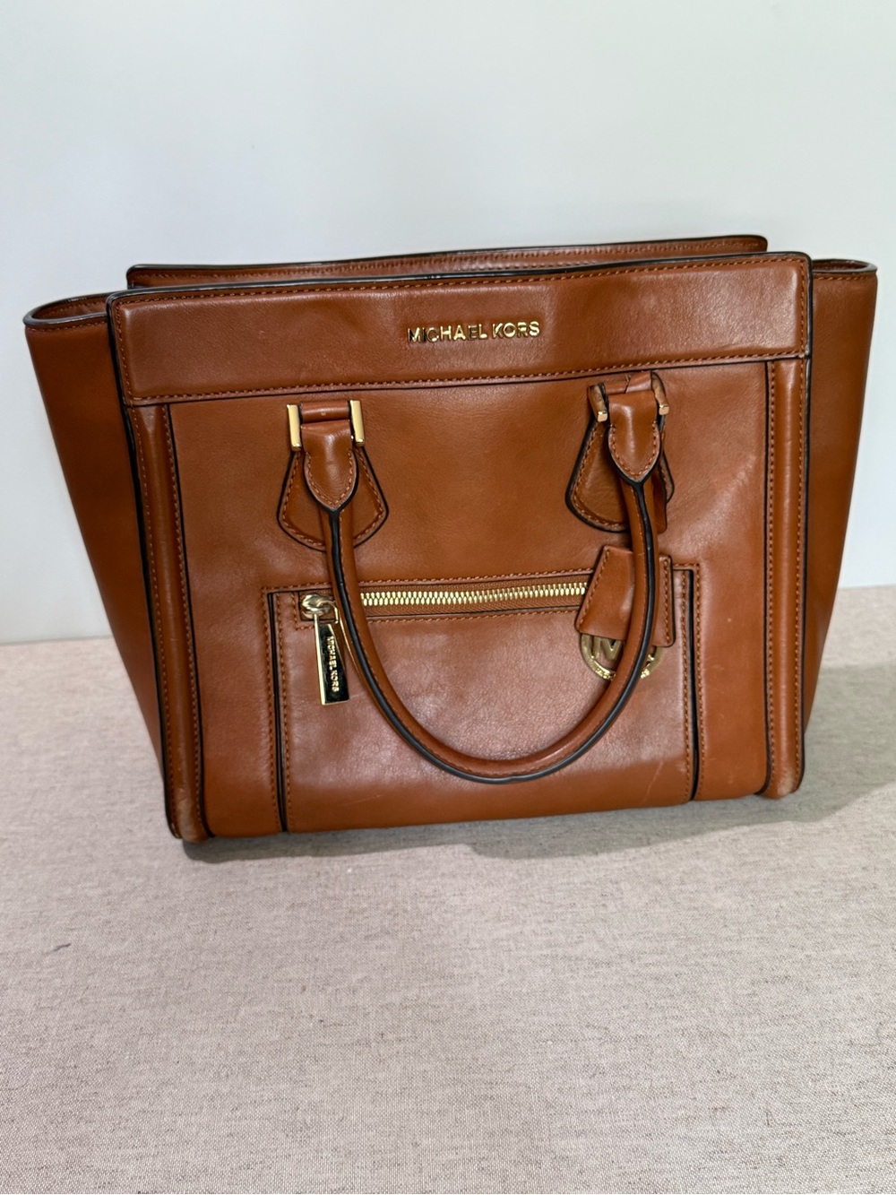 Michael Kors Colette Zip Satchel Cognac Brown Leather Tote Bag